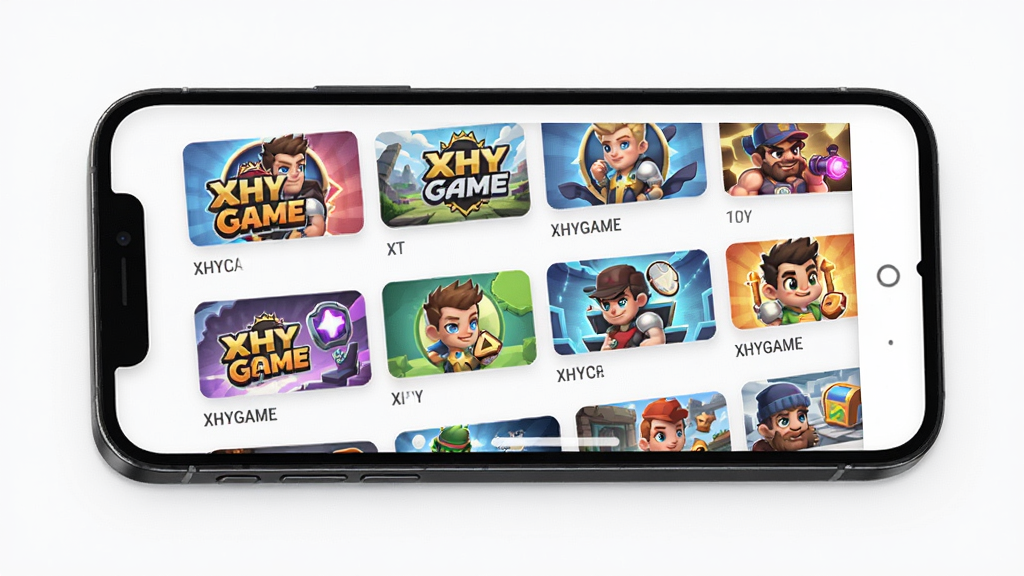 手机屏幕展示 XHYGAME 应用主界面,多个游戏卡片整齐排列,简洁扁平风格,明亮配色,高清画质,干净无多余元素