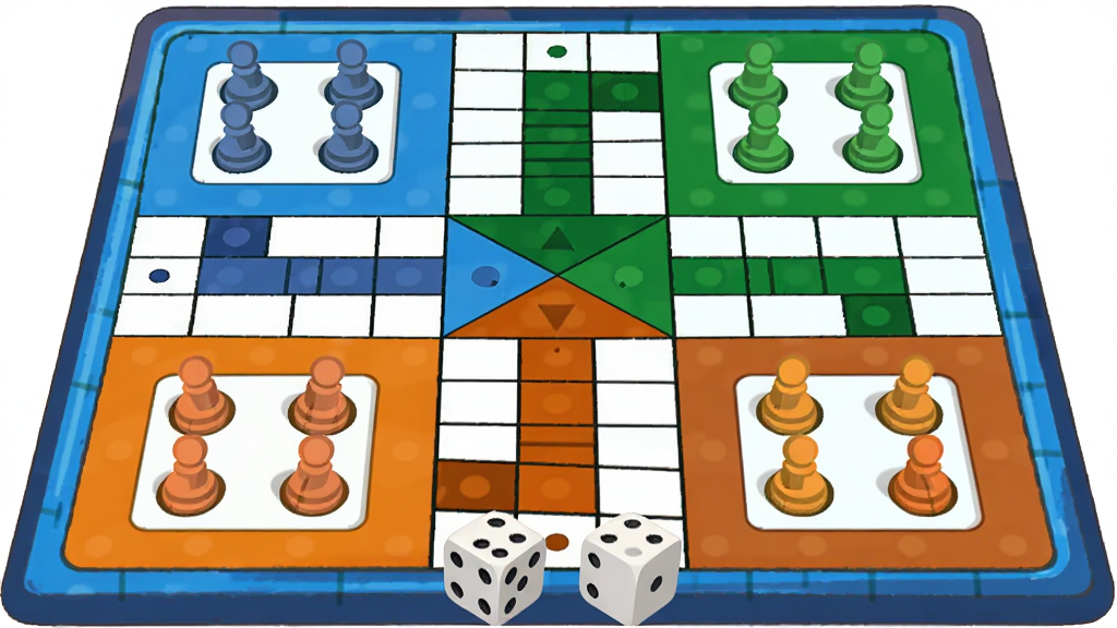 心动飞行棋游戏棋盘界面,方形飞行棋棋盘居中布局,四色棋子分布在起点区域,骰子位于画面下方,简洁扁平风格,清晰线条,明亮配色,细节干净,高清画质,无多余元素