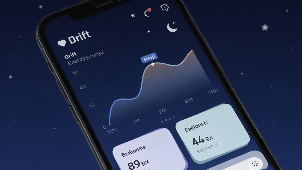 手机屏幕显示Drift应用的睡眠能量曲线图表,深蓝色夜间背景,简洁的数据卡片布局,柔和渐变色调,扁平化UI风格,细节清晰,高清画质,干净无多余元素