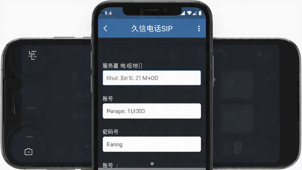手机屏幕展示久信电话SIP客户端配置界面,主体为一部安卓手机正面,布局居中,排版简洁,风格为科技简约风,细节包括清晰的服务器地址输入框和账号密码栏,画面干净无多余元素,高清画质