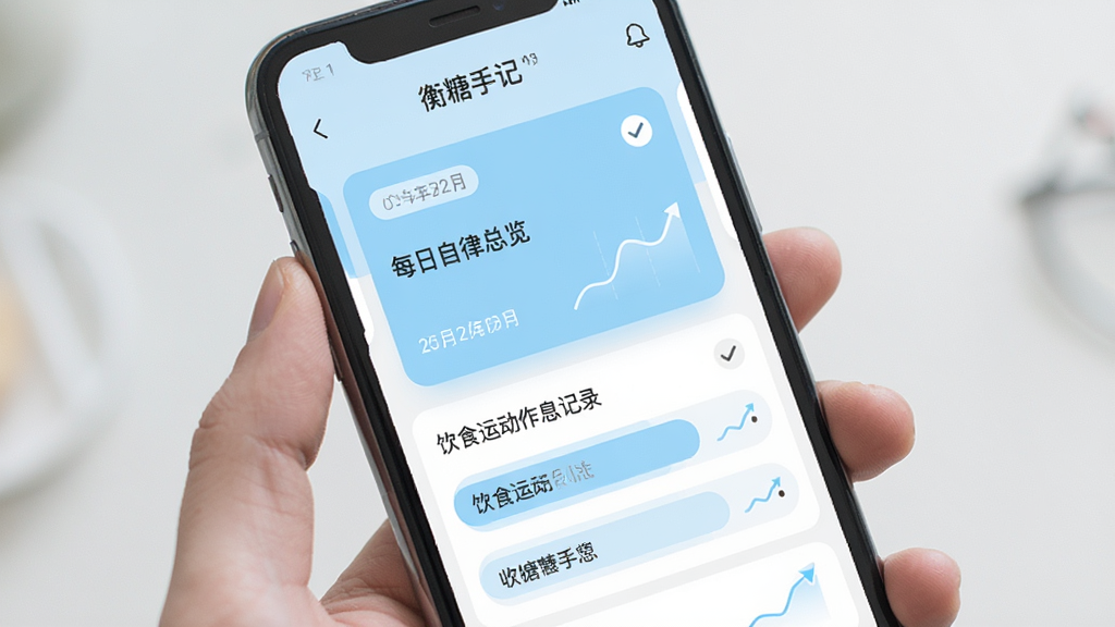 手机屏幕展示“衡糖手记”应用首页,主体为每日自律总览卡片与饮食运动作息记录条目,布局为上下分栏、卡片式排版,风格清新简约浅蓝色调,细节包含日期标签、打卡勾选图标与趋势小图表,画质清晰干净无多余元素