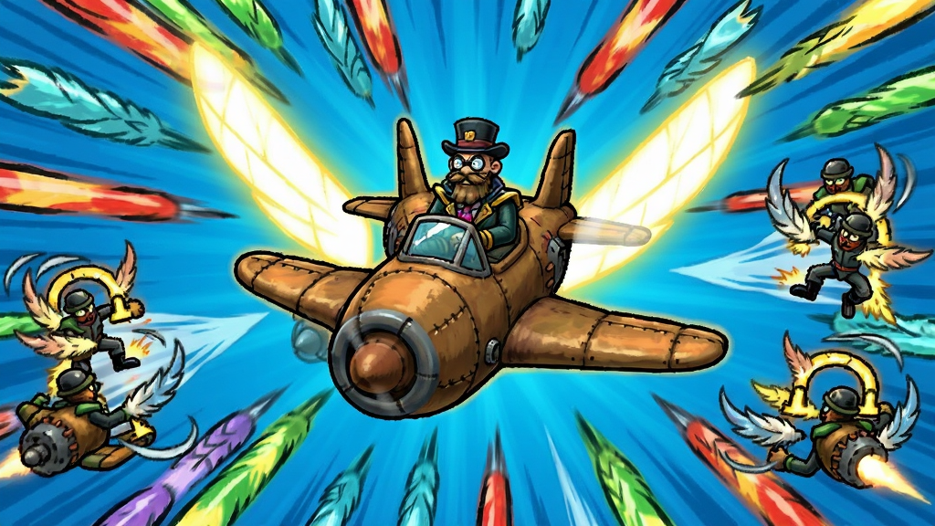发条总动员游戏画面,复古橡皮管漫画风格战机在弹幕中穿梭,画面中央是SS级角色文森特驾驶战机展开光翼,屏幕两侧风之羽锁定敌人,色彩鲜明,漫画笔触,动感十足,高清画质,干净无多余元素