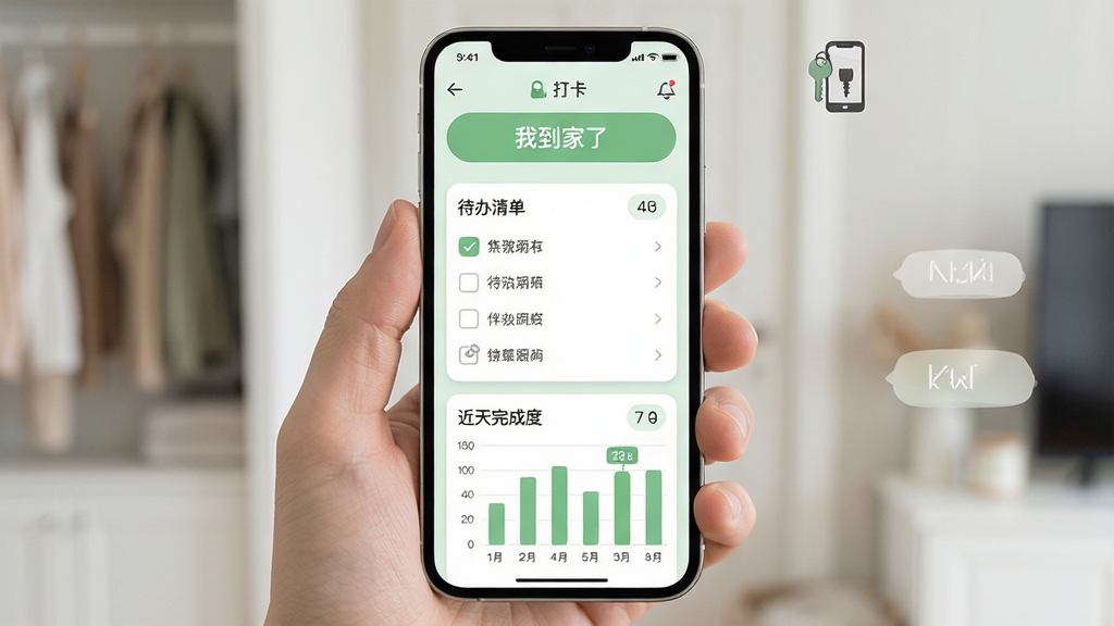 青草助手手机App界面展示,主体为柔和简约风格的居家管理首页,布局上方为“我到家了”打卡按钮,中部为待办清单卡片,下方为近7天完成度柱状图表,排版清晰整洁,风格清新浅色系,细节包含钥匙手机图标与收纳分类标签,画质高清干净无多余元素