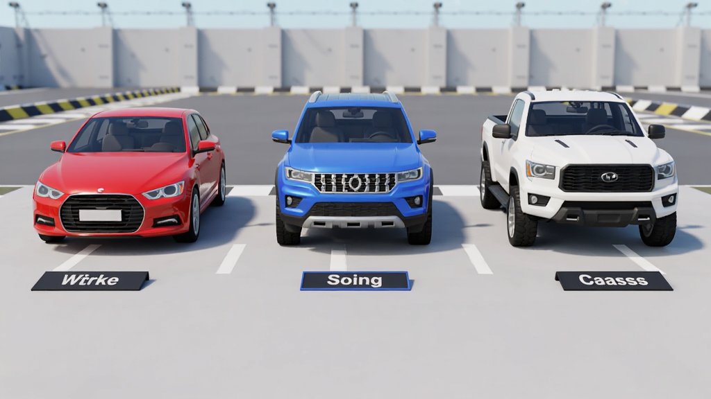 ��������Ϊ������ͬ���Ͳ���ͣ���ڲ��Գ����ϣ�����������Ϊ��ɫ�γ�����ɫSUV����ɫƤ��������Ϊ��������Ⱦ�����ռ�ݻ����в����Ű�Ϊ������湹ͼ�����Ϊ�ɾ�������3D��Ϸչʾ����磬ϸ�ڰ���ÿ�����·��ĳ������Ʊ��ơ�����Ϊǳ��ɫ���Գ�Χǽ�������ߣ����������ɾ��޶���Ԫ�أ������в���������