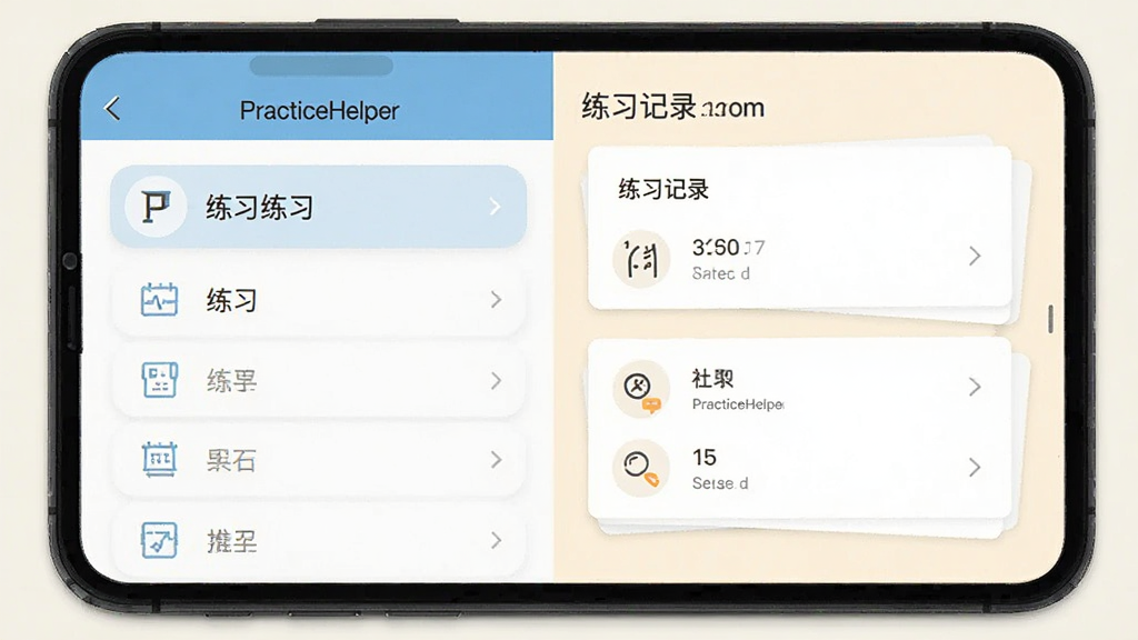 手机屏幕展示 PracticeHelper 应用主界面,左侧为练习项目列表,右侧为练习记录卡片,浅色背景,扁平化风格,布局清晰,细节干净,画质清晰,无多余元素