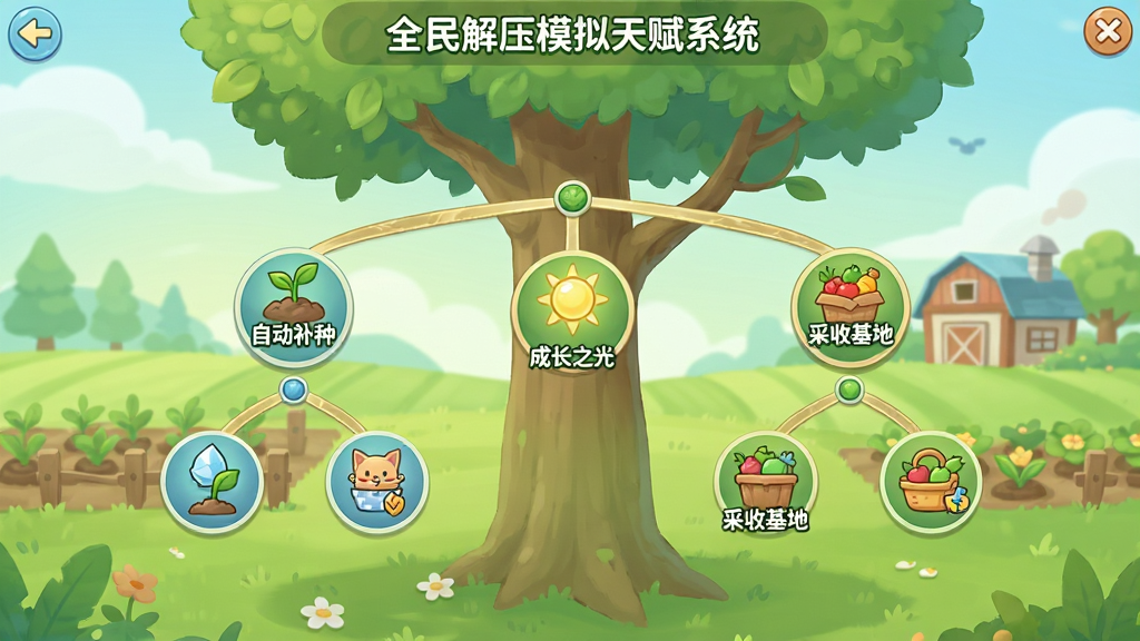 全民解压模拟天赋系统界面,画面中央是树状天赋面板,节点标注“自动补种”“成长之光”“采收基地”等字样,节点之间有连线,背景为浅绿色田园风光,UI简洁清爽,卡通插画风格,排版整齐,画质清晰,干净无杂乱元素