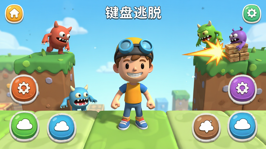 键盘逃脱跑酷游戏主界面,3D卡通角色站在立体场景中央,四周分布小怪物和攻击按钮,界面简洁明亮,休闲游戏风格,高清画质,干净无多余元素