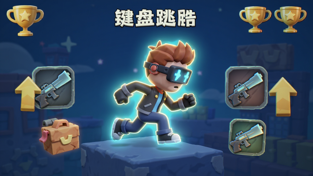 键盘逃脱跑酷重生界面,发光角色与武器图标,奖杯和升级箭头元素,卡通3D风格,布局居中,画质清晰干净