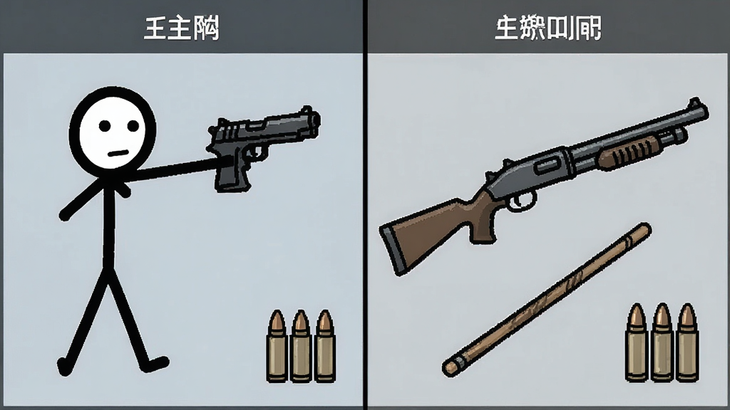 主体为火柴人手持手枪与霰弹枪的对比展示,布局为左右分栏陈列武器,排版为武器图鉴式排版,风格为简洁游戏UI风,细节包括枪械轮廓、近战棍棒与弹药图标,画质干净清晰无多余元素