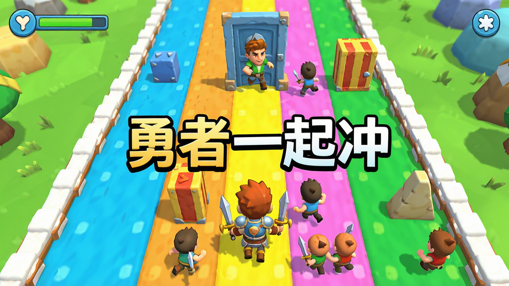 手机游戏画面,一名勇者带领成排小人奔跑在彩色赛道上,前方有加减人数的门和障碍物,画面中央写