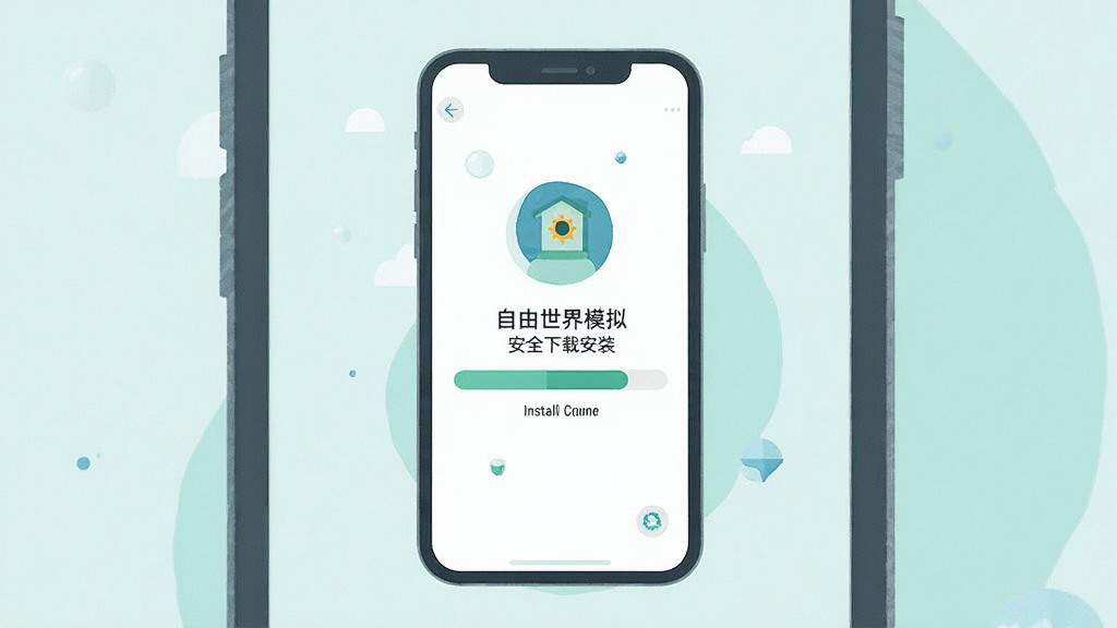 自由世界模拟安全下载安装示意图,手机屏幕显示安装进度条,主体居中,竖向排版,扁平插画风格,色调清爽,细节简洁,画质干净,无多余元素