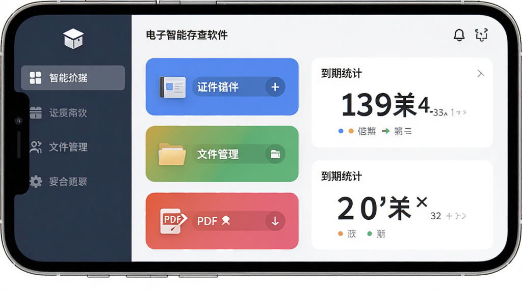 电子证件智能存查软件主界面,主体为手机应用首页,布局左侧功能导航右侧内容区,排版整齐,风格现代扁平,细节包含证件夹、文件管理、PDF工具三个卡片入口与到期统计数字,画质高清干净无杂乱元素