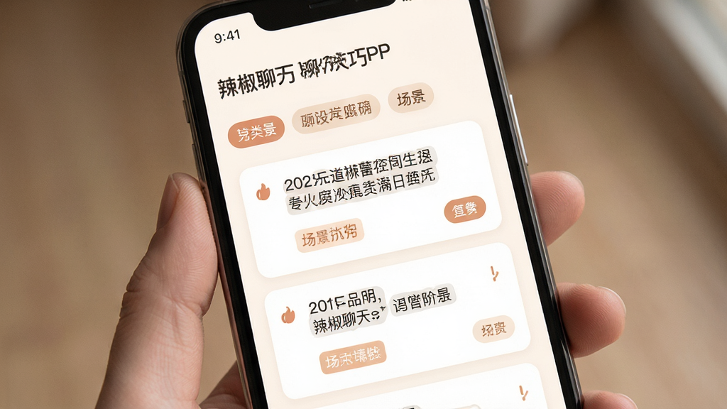 辣椒聊天APP聊天技巧页面展示,主体为手机屏幕中央话术卡片列表,布局顶部标题下方分类标签与文案条目,排版疏朗有序,风格温柔暖色调,细节包含复制按钮与场景标签,画质干净清晰无杂乱元素