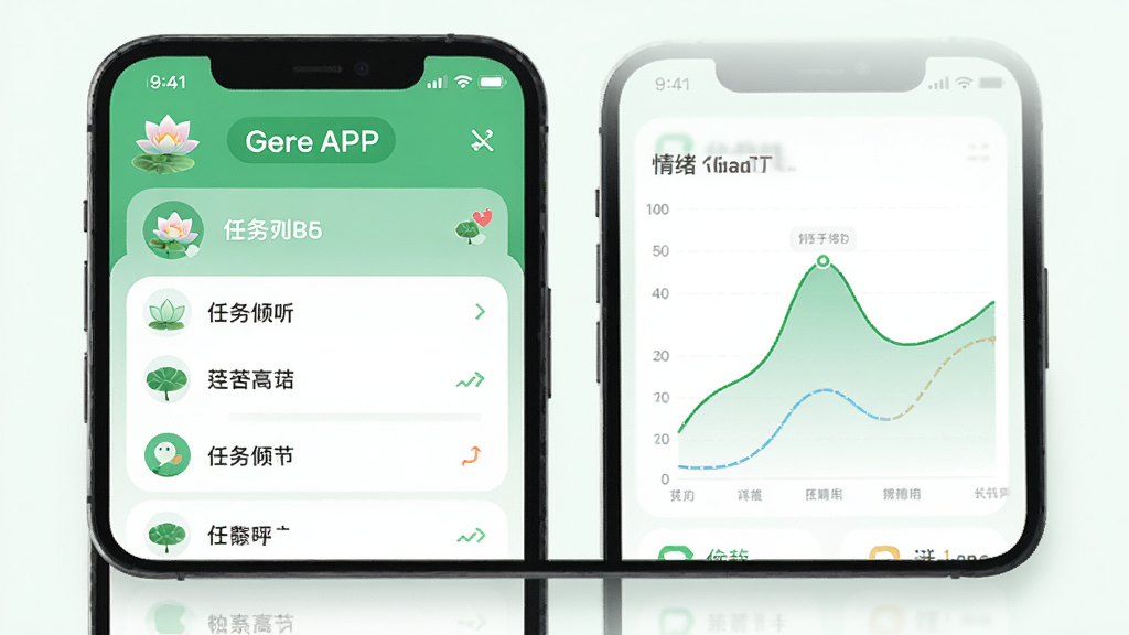 手机屏幕显示莲花倾听APP的任务列表与情绪曲线图表,清新绿色调,扁平化UI风格,干净背景,高质量渲染