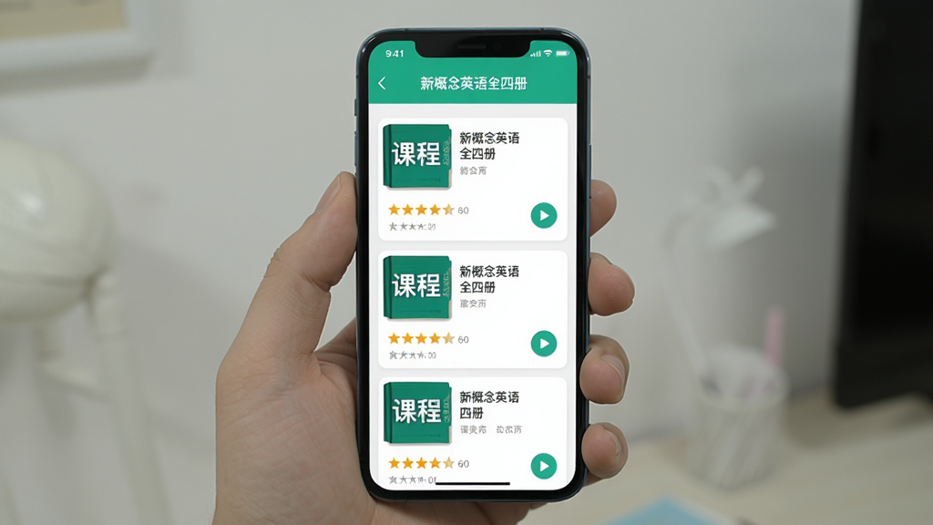 �ֻ���Ļչʾ���¸���Ӣ��ȫ�ĲᡱAPP�γ��б�ҳ�棬����Ϊ���������ֻ��������Ϸ��������·��γ̿�Ƭ�������У��Ű��������׳��㣬������¼�Լ������UI��ϸ�ڰ��������Ǽ��벥�Ű�ťͼ�꣬���������ɾ��޶���Ԫ��