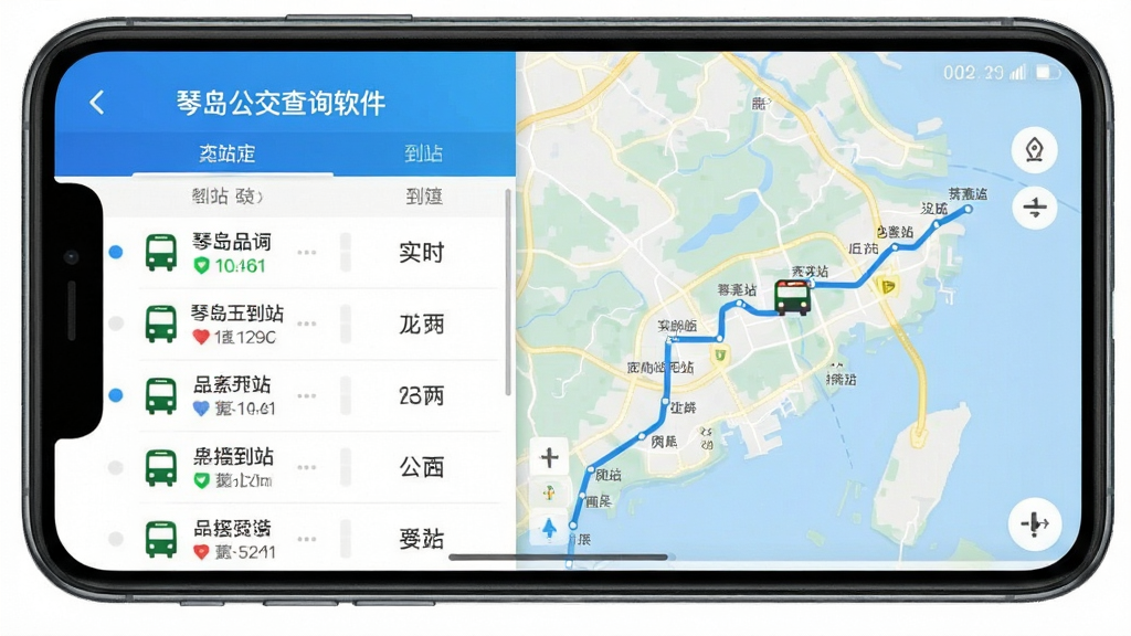 琴岛公交查询软件主界面,手机屏幕居中展示实时公交到站列表与线路地图,蓝色清新风格,布局简洁,排版清晰,画质干净,无多余元素