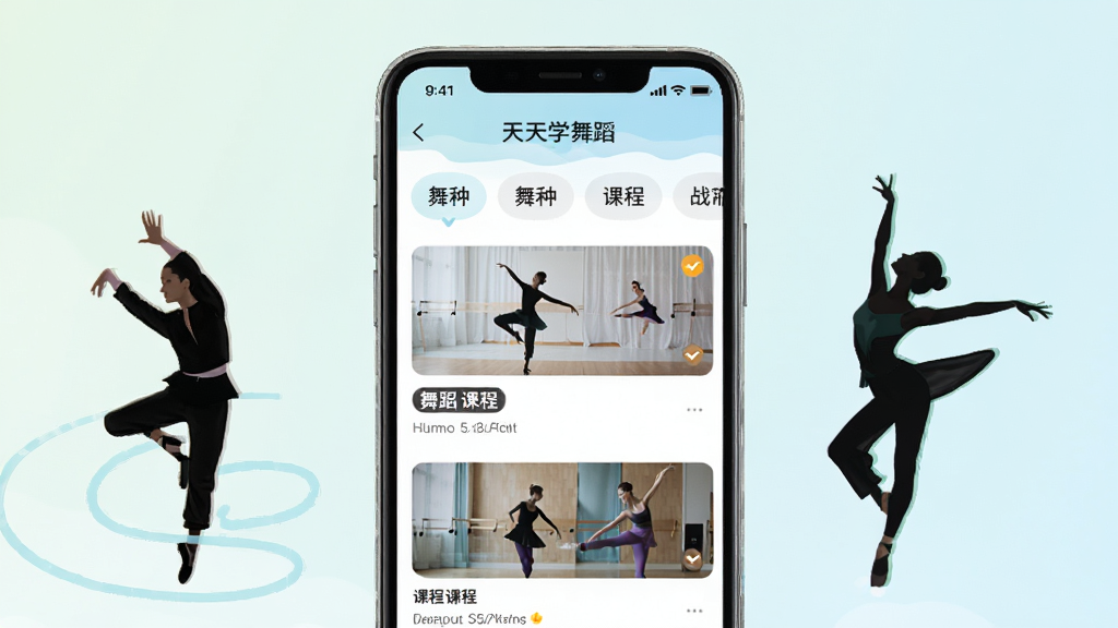 �ֻ���Ļչʾ�赸ѧϰӦ�ý��棬��������������ѧ�赸APP��ҳ���Ϸ�Ϊ���ַ����ǩ���·�Ϊ�γ̿�Ƭ�б����Ա����赸�����Ӱװ�Σ����岼�ּ������������ǳɫ���ϸ�ڸɾ������ʸ��壬�޶���Ԫ��