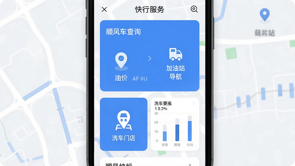 手机屏幕展示顺风车快行管家软件界面,主体为蓝色出行服务卡片布局,包含油价查询、加油站导航、洗车门店图标,排版清晰整齐,风格简约清爽,细节包含地图定位标记与数据图表,画质高清,干净,无多余元素