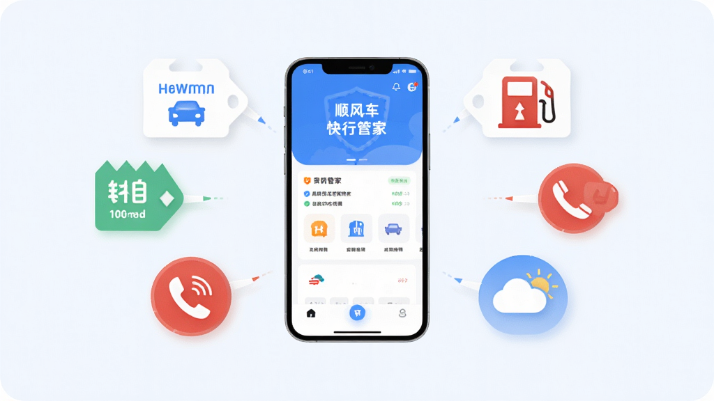 顺风车快行管家软件功能展示图,画面中央为手机界面,周围环绕油价标签、加油站图标、应急电话图标、天气云朵图标,布局对称均衡,风格扁平化现代设计,细节清晰,画质高清,干净,无多余元素