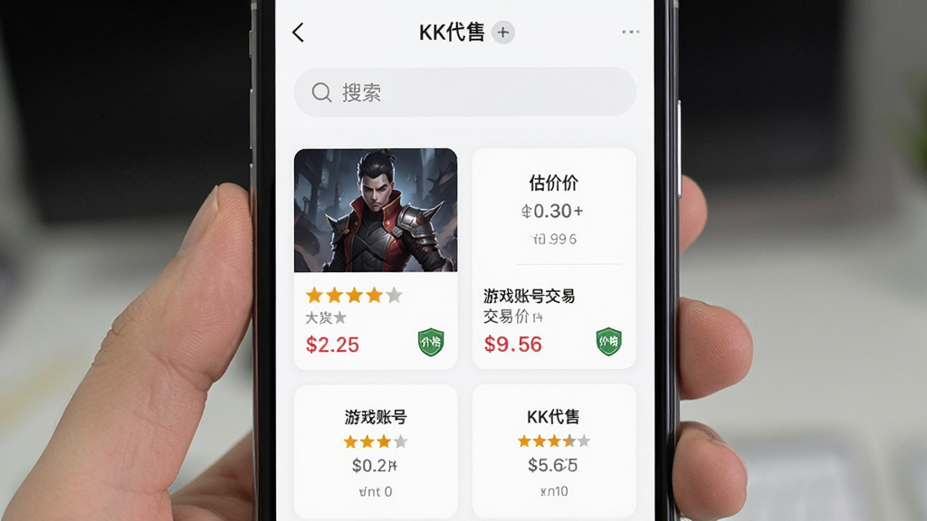 手机屏幕展示“KK代售”应用界面,主体为游戏账号交易列表与估价卡片,布局为上下分区、顶部搜索栏、中部账号卡片网格,排版整齐留白充足,风格为清爽浅色商务风,细节包含星级评分、价格标签、担保标识,画质清晰干净无多余元素