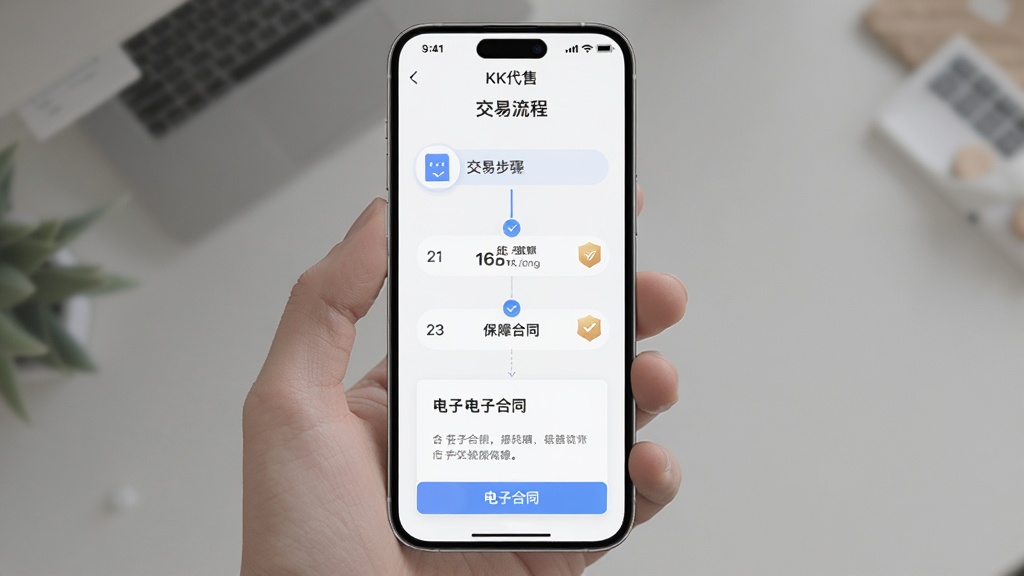 手机界面展示“KK代售”担保交易流程页面,主体为交易步骤条与电子合同卡片,布局为纵向流程展示,排版简洁明了,风格为素雅极简风,细节包含合同图标、保障徽章、步骤编号,画质清晰干净无多余元素