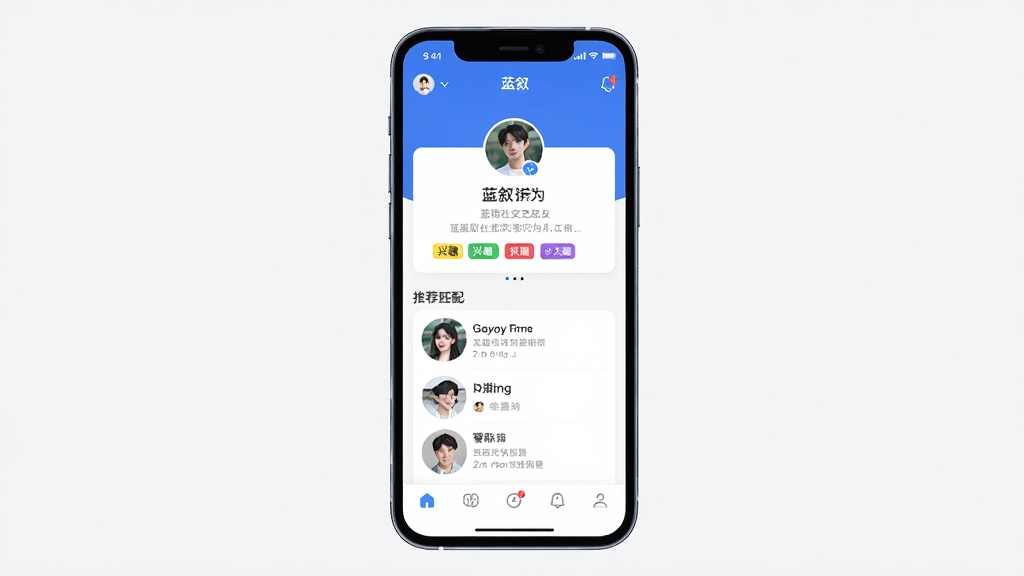 蓝叙社交交友App手机界面展示,主体为手机屏幕中显示用户资料卡片与推荐匹配列表,布局居中竖向排版,风格清新简约现代,细节包含头像圆形图标、兴趣标签小色块、底部导航栏,画质清晰干净无多余元素