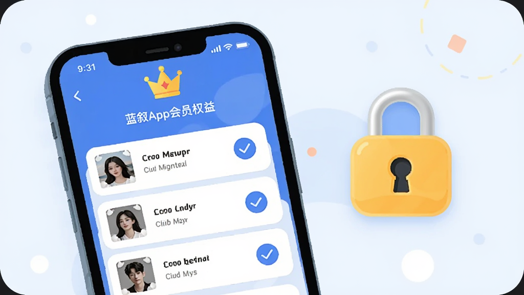 蓝叙App会员权益页面手机截图风格插画,主体为手机屏幕显示会员特权列表与私密相册锁形图标,布局上下分层排版,风格轻快明亮扁平化,细节包含皇冠标识、相册缩略图、勾选按钮,画质清晰干净无多余元素