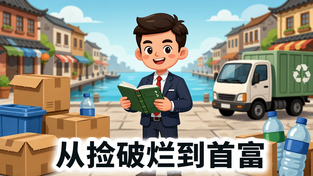 卡通风格回收站场景,一位年轻老板站在堆满纸箱和塑料瓶的场地中央,手里拿着记账本,背景是临江老城街景和一辆小货车,画面下方有“从捡破烂到首富”字样,明亮配色,简约排版,高清画质,干净,无多余元素