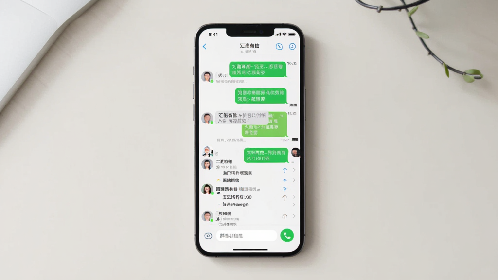 画面主体为一部智能手机,屏幕显示汇商有信聊天界面,包含私聊对话框与群聊列表,布局为居中展示手机正面,背景为浅色办公桌面,风格简洁现代,细节包含消息气泡、头像图标、通话按钮,画质清晰干净,无多余元素
