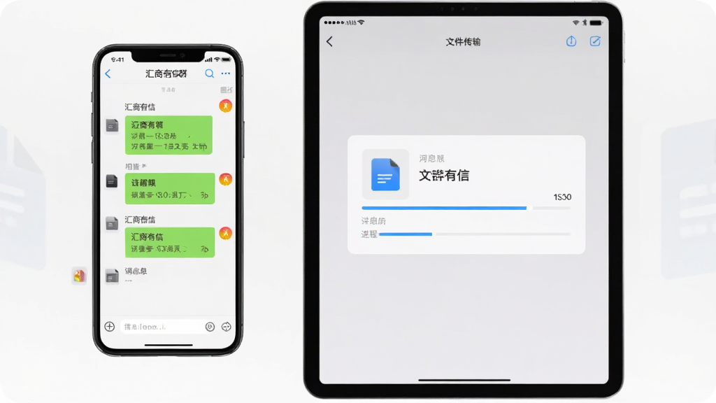 画面主体为两台设备并排,左侧手机显示汇商有信群聊界面,右侧平板显示文件传输进度,布局为左右对称,背景为浅灰渐变,风格商务简约,细节包含文件图标、进度条、消息提醒角标,画质清晰干净,无多余元素