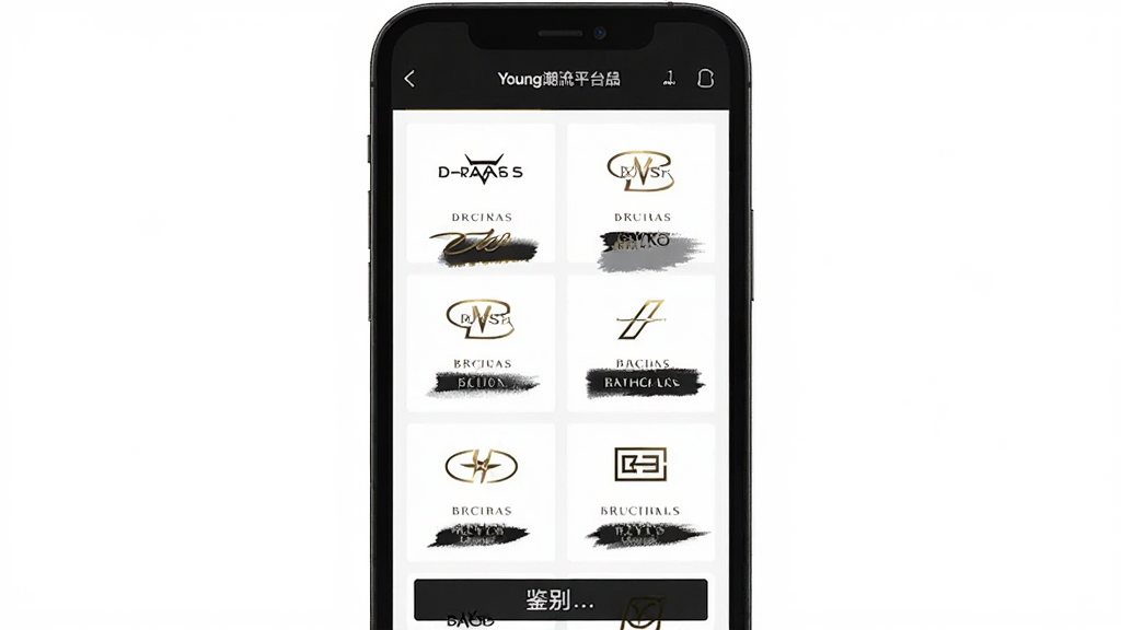 Young潮流平台品牌鉴别页面,主体为手机界面展示多个奢侈品牌logo排列,布局为网格状,排版整齐,风格简约高端,细节包含品牌名称文字和鉴别按钮,画质高清干净无多余元素