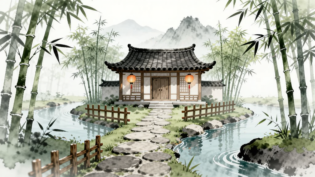 泉愈游戏主界面预览图,画面中央是一座临溪而建的国风小院,竹林环绕,溪水从院前流过,远处有淡淡山影,整体水墨淡彩风格,布局居中对称,排版简洁留白充足,细节包括青石小径、木制篱笆、檐下灯笼,画质清晰干净,无多余元素