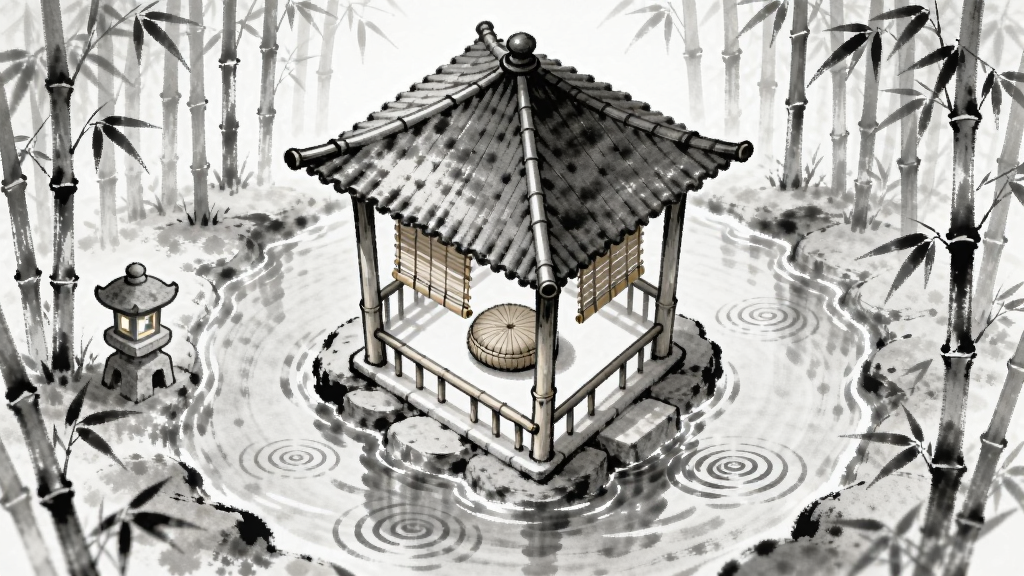 泉愈游戏禅坐界面示意图,画面为俯视视角的竹林小亭,亭中有一蒲团,周围溪水环绕,界面简洁,风格淡雅水墨,布局以亭子为中心,排版留白充分,细节包括石灯、竹帘、水面波纹,画质清晰干净,无多余元素