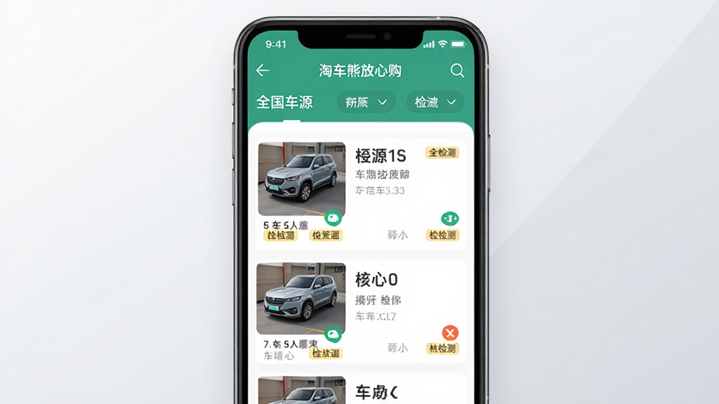 手机屏幕展示“淘车熊放心购”APP首页全国车源列表,界面干净整洁,主体为手机居中放置,背景为浅灰色渐变,排版突出车源卡片与筛选栏,风格为现代扁平化UI展示,细节包含车辆缩略图与检测标签,画质清晰,干净,无多余元素