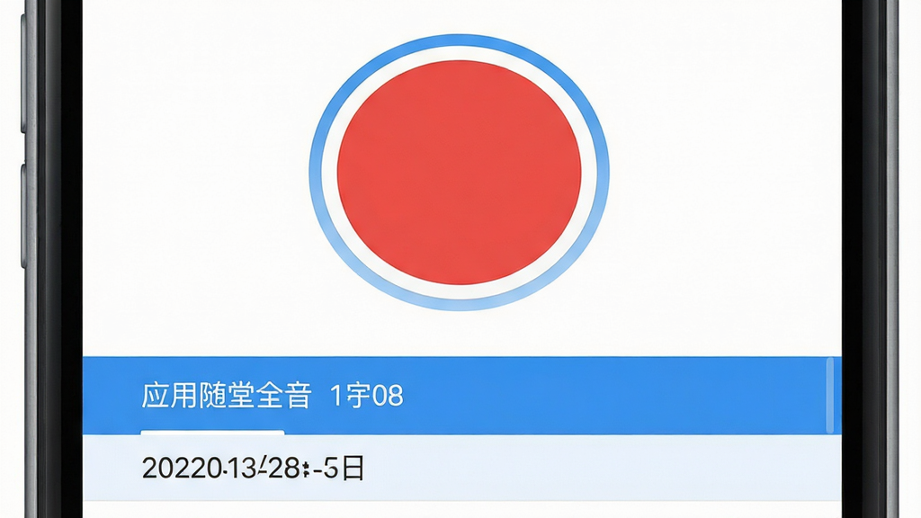 手机屏幕展示随堂录应用主界面,中央大号红色录制按钮,下方为按日期排列的录音文件列表,界面简洁清晰,扁平化设计风格,蓝白配色,干净无多余元素,高清画质