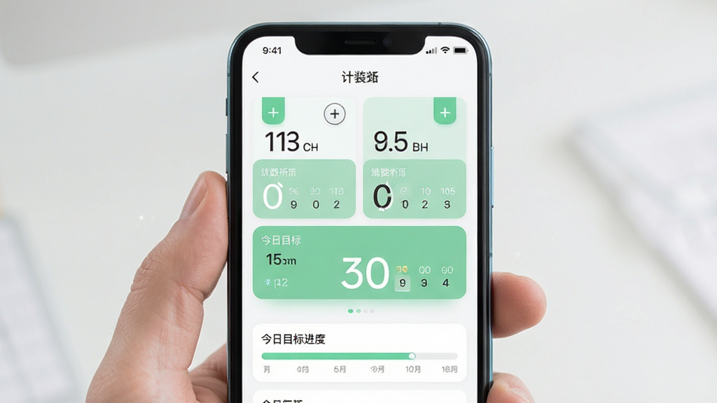 计数随手记软件界面展示,主体为手机屏幕上的多个计数器卡片与今日目标进度条,布局居中清晰,排版上下分层,风格简约清新,细节包含加号按钮与数字进度,画质干净无多余元素