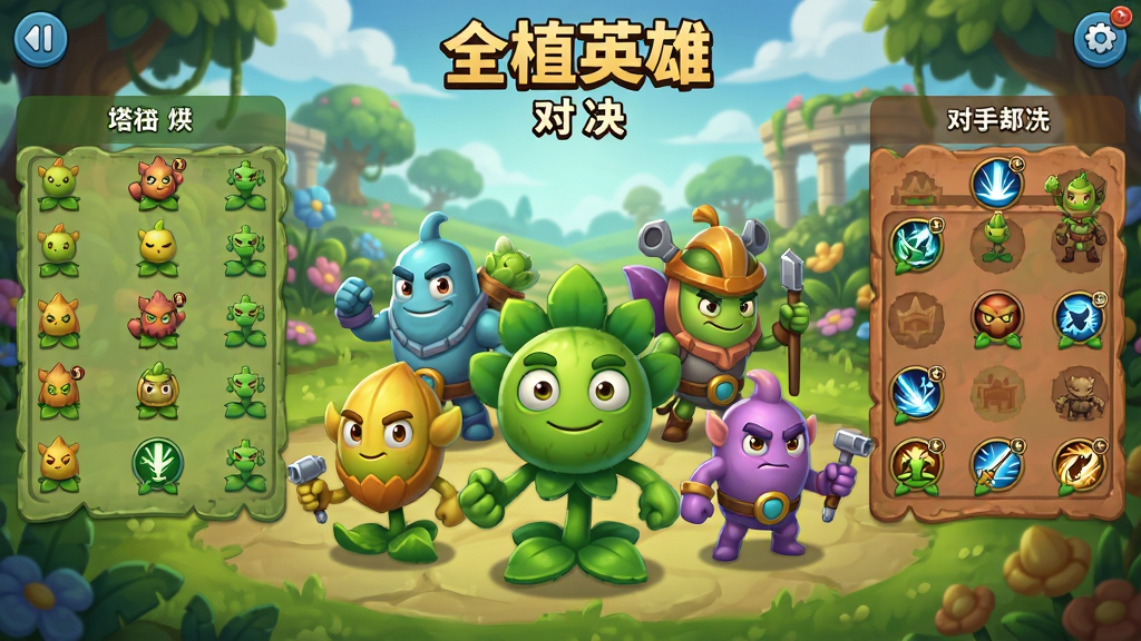 全植英雄:对决游戏主界面,画面中央是拟人化植物英雄列阵,背景为伊甸园风格花园,布局左右分栏展示塔防布阵区与对手阵地,排版清爽,卡通渲染风格,细节展示植物角色表情与技能图标,画质高清,干净,无多余元素