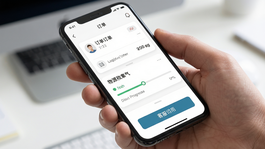 主体为手机屏幕展示购物订单与物流跟踪页面,布局为上下分区排版,风格为简洁明快现代风,细节包含订单卡片、物流进度条与客服入口按钮,画质清晰干净无多余元素