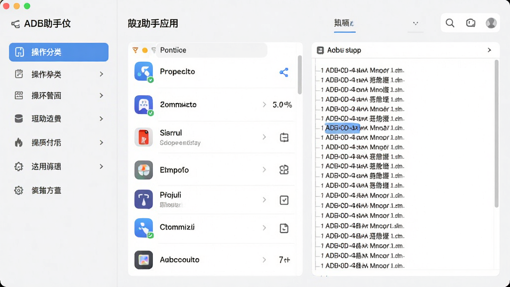 ADB助手应用功能界面展示,浅色背景,左侧为操作分类菜单,右侧为具体功能面板,展示应用列表与日志窗口,简洁现代风格,细节清晰,无多余元素,高清画质
