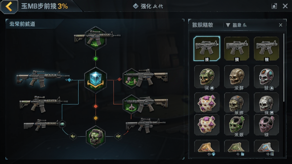 僵尸前线3D武器强化界面,展示步枪天赋树与贴花选择面板,界面排版清晰,科技感暗色UI风格,细节精致,高清画质,干净无多余元素