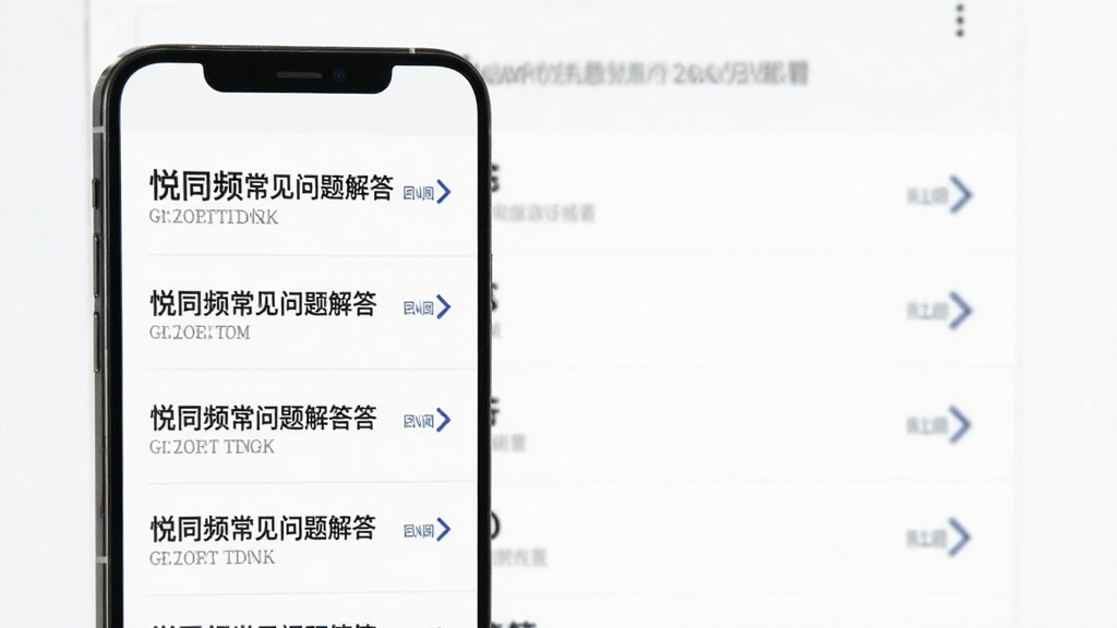 悦同频常见问题解答页面示意,主体为手机界面,布局为问答列表,排版清晰,风格简约,细节包含问题标题和展开箭头图标,画质清晰,干净,无多余元素