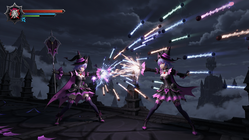 爆裂魔女游戏画面,黑暗哥特风格全3D场景,魔女角色在精美战场中释放华丽弹幕,山巅云层交织,画面华丽震撼,高清画质,干净无多余元素