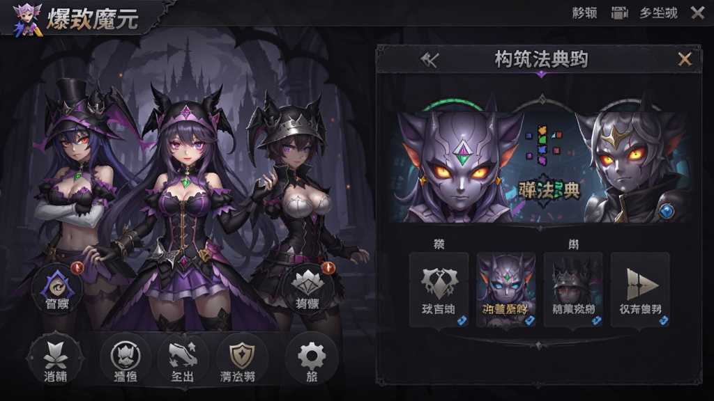 爆裂魔女手游安卓版界面,魔女角色养成界面与弹幕构筑法典系统,黑暗哥特美术风格,清晰展示游戏功能布局,高清画质,画面干净整洁