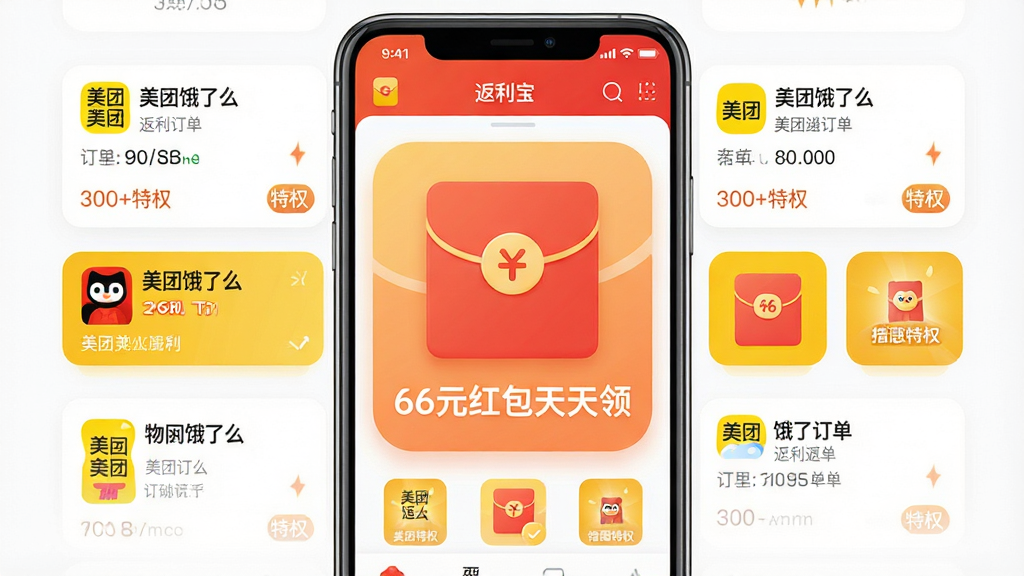 手机屏幕展示外卖返利宝应用主界面,中央大红包图标与“66元红包天天领”字样,周围环绕美团饿了么返利订单卡片和300+特权图标,布局为居中对称式,风格为清爽扁平化UI设计,细节包含红黄配色、圆角卡片、简洁图标,画质高清干净无多余元素