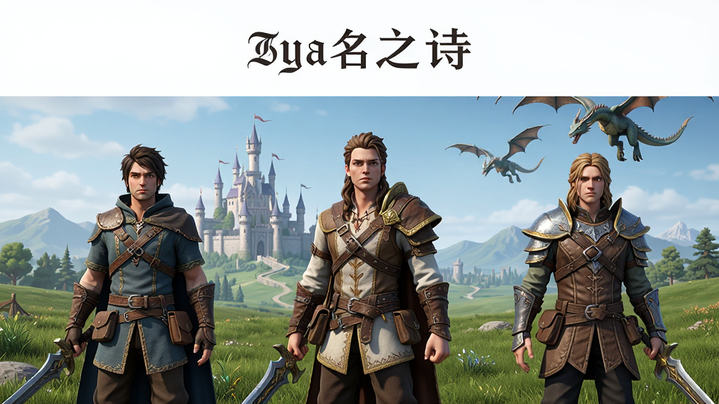 无名之诗游戏主界面,三位奇幻风格角色站立于草原之上,远处有城堡与飞龙,布局为横版构图,排版上方留白放置标题,风格为奇幻写实3D渲染,细节包含角色服饰纹理与光影,画质高清干净无多余元素