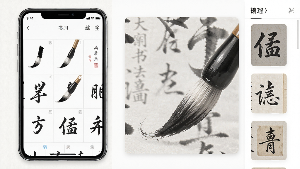 大家书法字典软件界面展示,主体为手机屏幕中九宫格练字页面与名家字帖放大视图,布局左右分栏左侧格子练习右侧碑帖列表,排版整齐留白充足,风格清新素雅中国风,细节包含毛笔笔锋走向线条与墨色浓淡层次,画质高清干净无多余元素