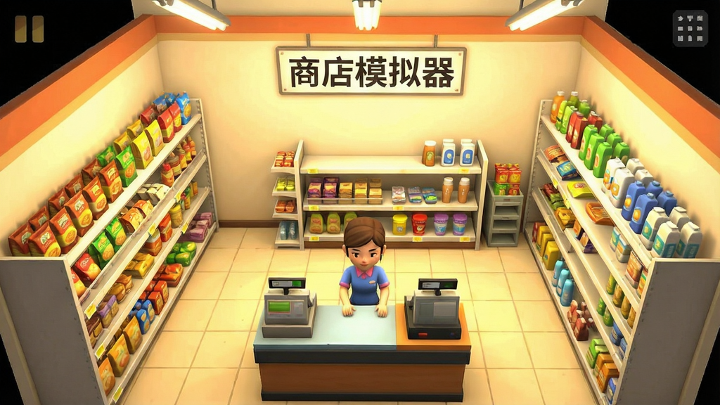 手机游戏截图风格画面,画面中央是一家小型超市内部,两侧摆放整齐的货架,货架上陈列各类食品与日用品,前景有收银台和一位收银员,背景墙面为浅色并挂有“商店模拟器”字样的招牌,俯视视角,明亮暖色调灯光,细节清晰,画质干净,无多余元素