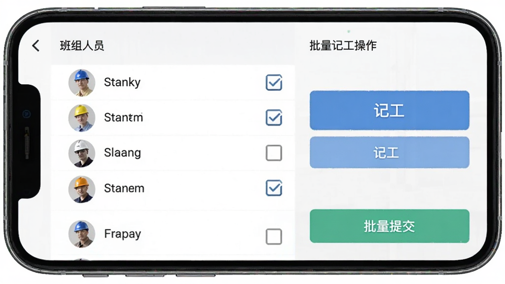 工地账本班组管理功能展示,主体为手机屏幕中的班组人员列表和批量记工操作界面,布局为左侧人员名单右侧记工按钮,排版简洁明了,风格为商务实用工具风,细节包括勾选框和批量提交按钮,画质高清干净无多余元素