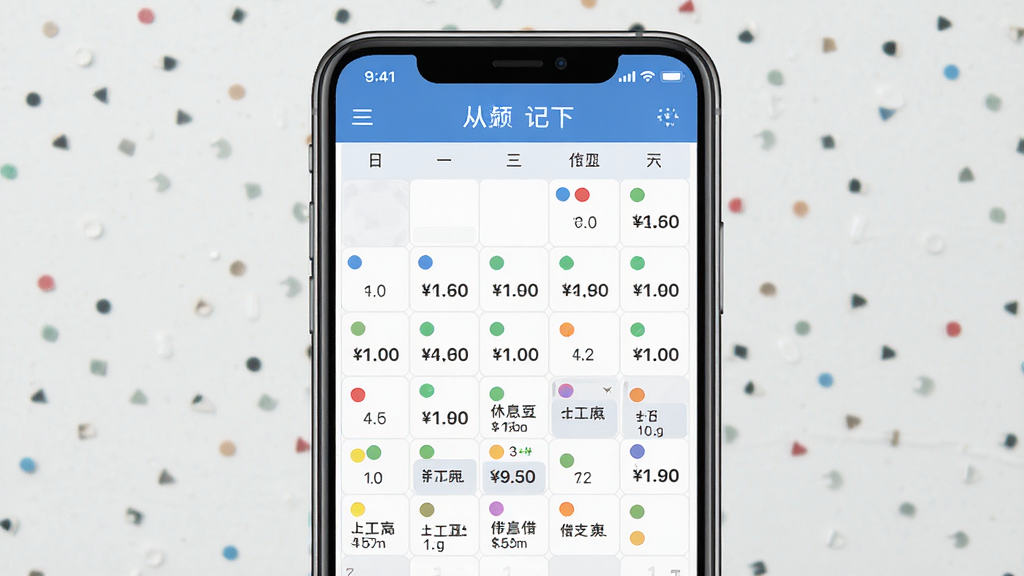 工地账本App首页记工日历界面展示,主体为手机屏幕中的日历视图,布局为上下结构上方显示月份下方为每日上工休息借支标记,排版整齐清晰,风格为扁平化实用工具风,细节包括日历格子中的彩色圆点和金额数字,画质高清干净无多余元素