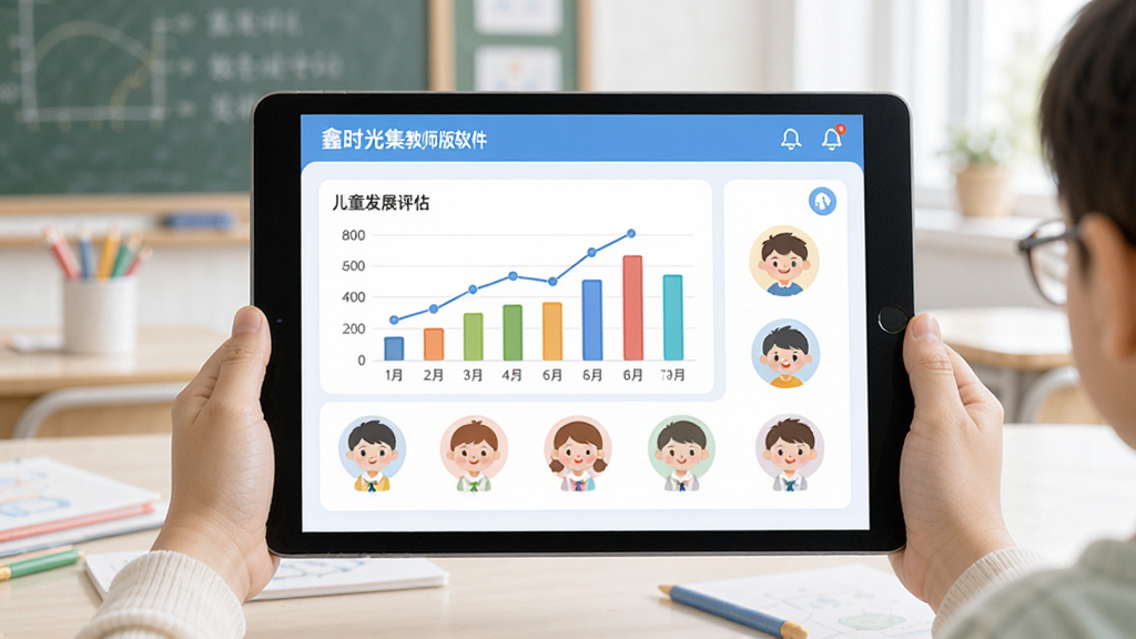 ��ʱ�⼯��ʦ����������չʾ������Ϊƽ�������Ļ��ʾ��ͯ��չ����ͼ�������־��У��Ű�������������ִ������Ƽ��У�ϸ�ڰ�����ɫ����ͼ���Ͷ�ͯͷ��ͼ�꣬���ʸ���ɾ��޶���Ԫ��